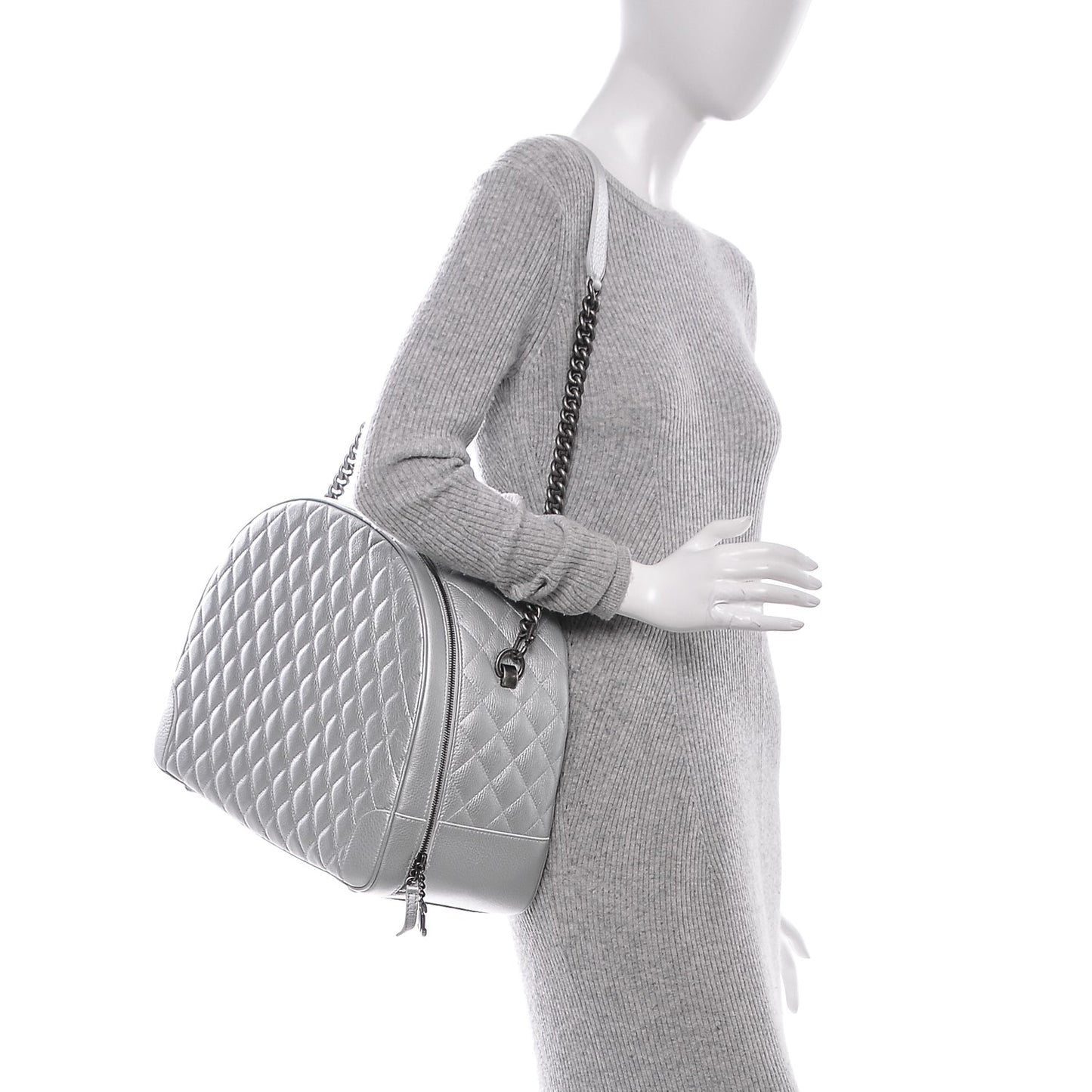 Metallic Calfskin Quilted Large Airlines Round Trip Bowling Bag Silver