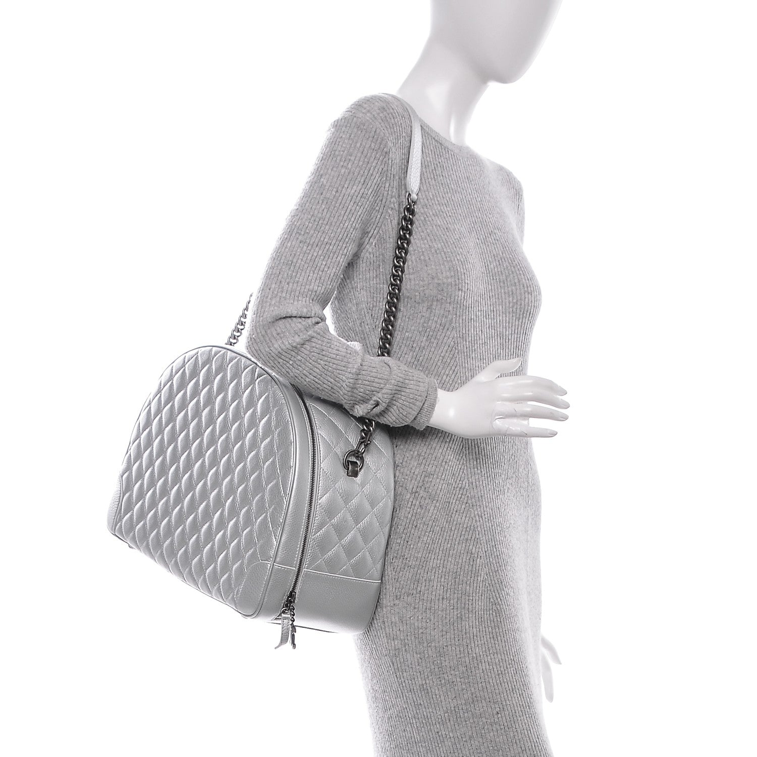 Chanel Metallic Calfskin Quilted Large Airlines Round Trip Bowling Bag Silver 2 of 7