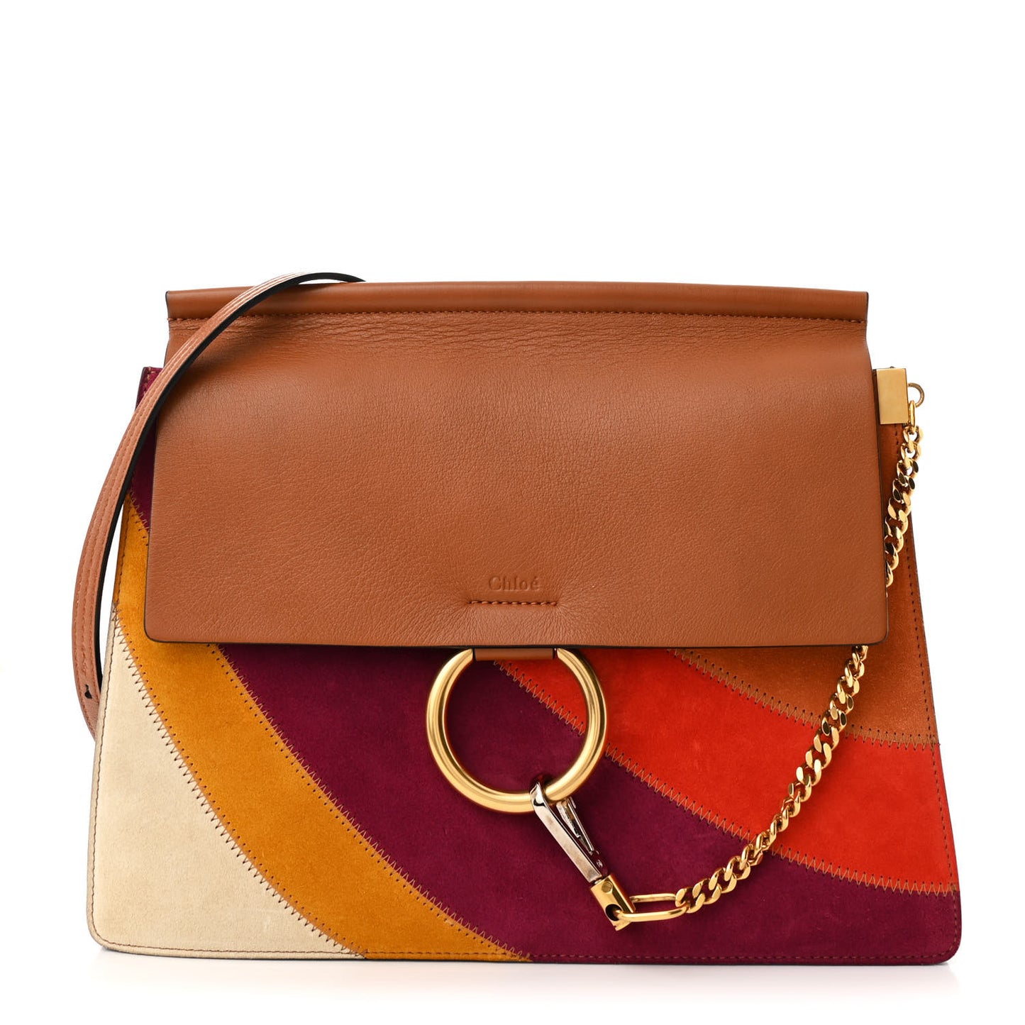 Calfskin Suede Rainbow Patchwork Medium Faye Shoulder Bag Caramel