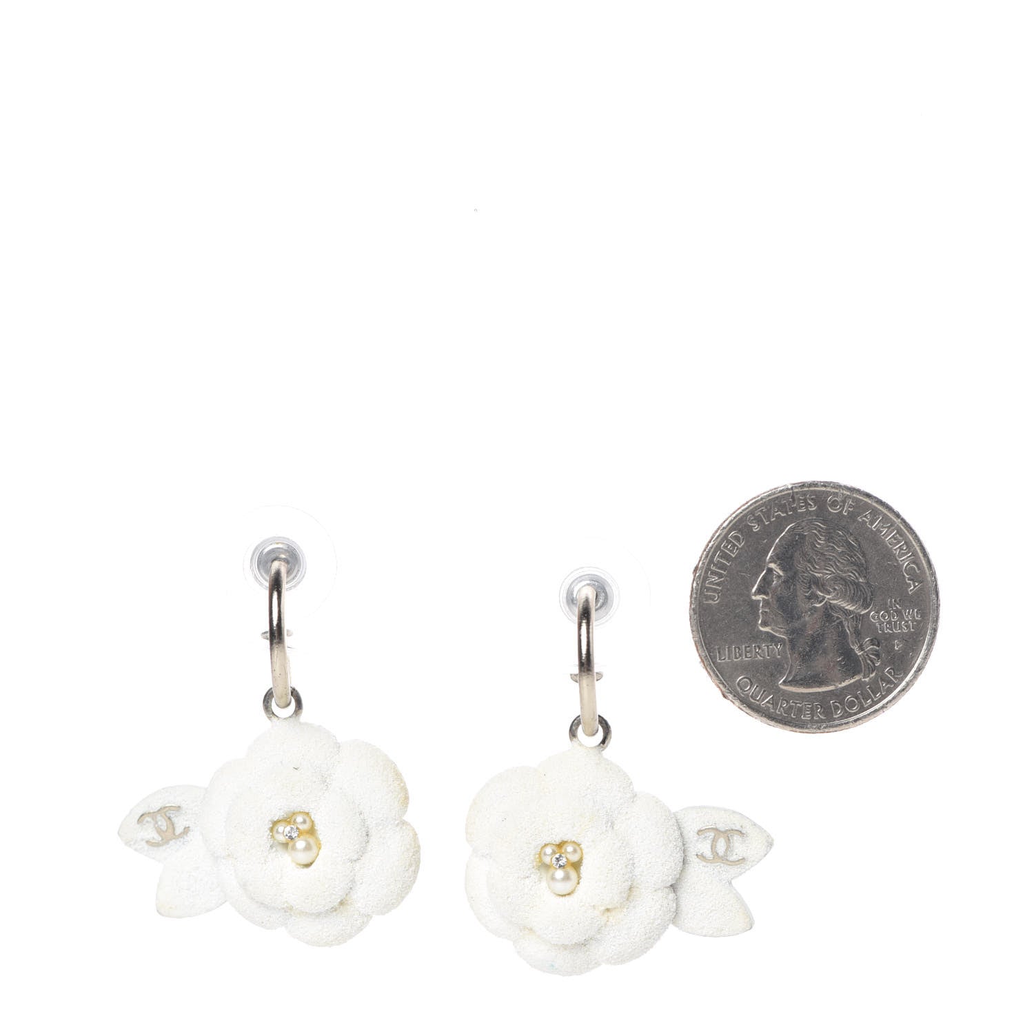Chanel Textured CC Crystal Pearl Camellia Drop Earrings White 2 of 5