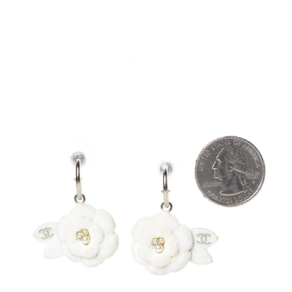 Chanel Textured CC Crystal Pearl Camellia Drop Earrings White 2 of 5