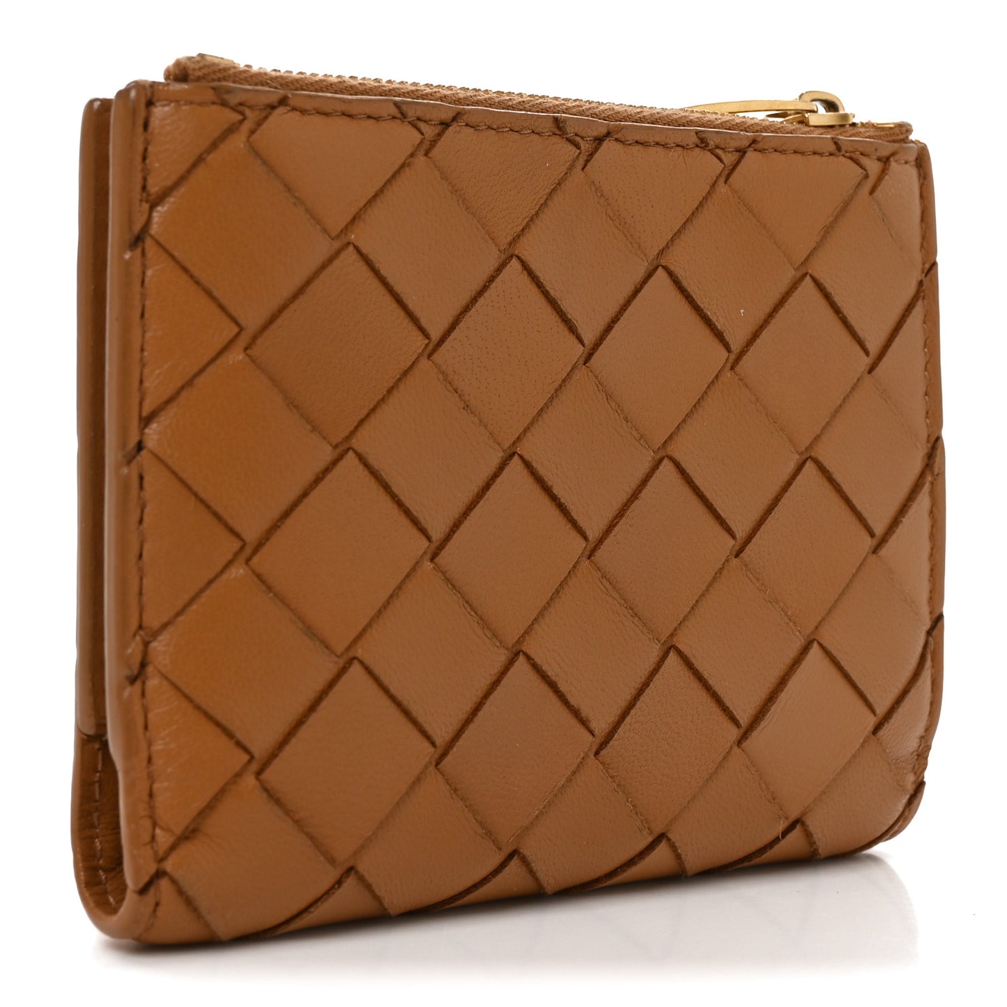 Nappa Intrecciato Small Bi-Fold Zip Wallet Caramel