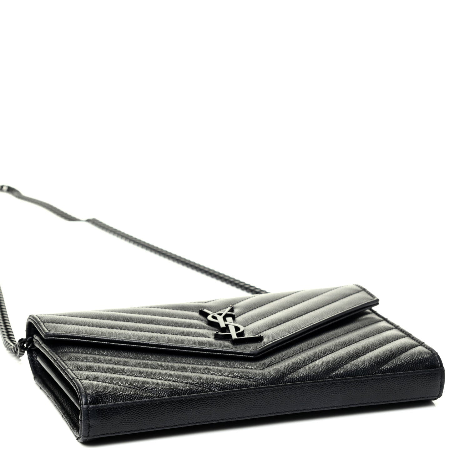 Saint Laurent Grain De Poudre Matelasse Chevron Monogram Chain Wallet Black 3 of 4