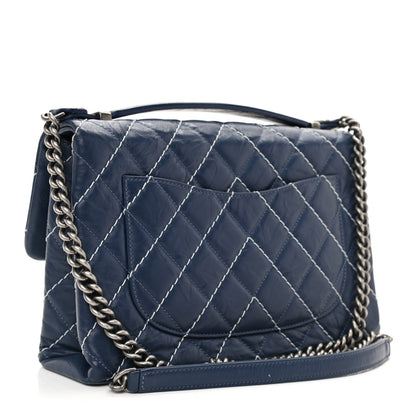Chanel Aged Calfskin Chevron Stitched Quilted Flap Blue 3 of 10