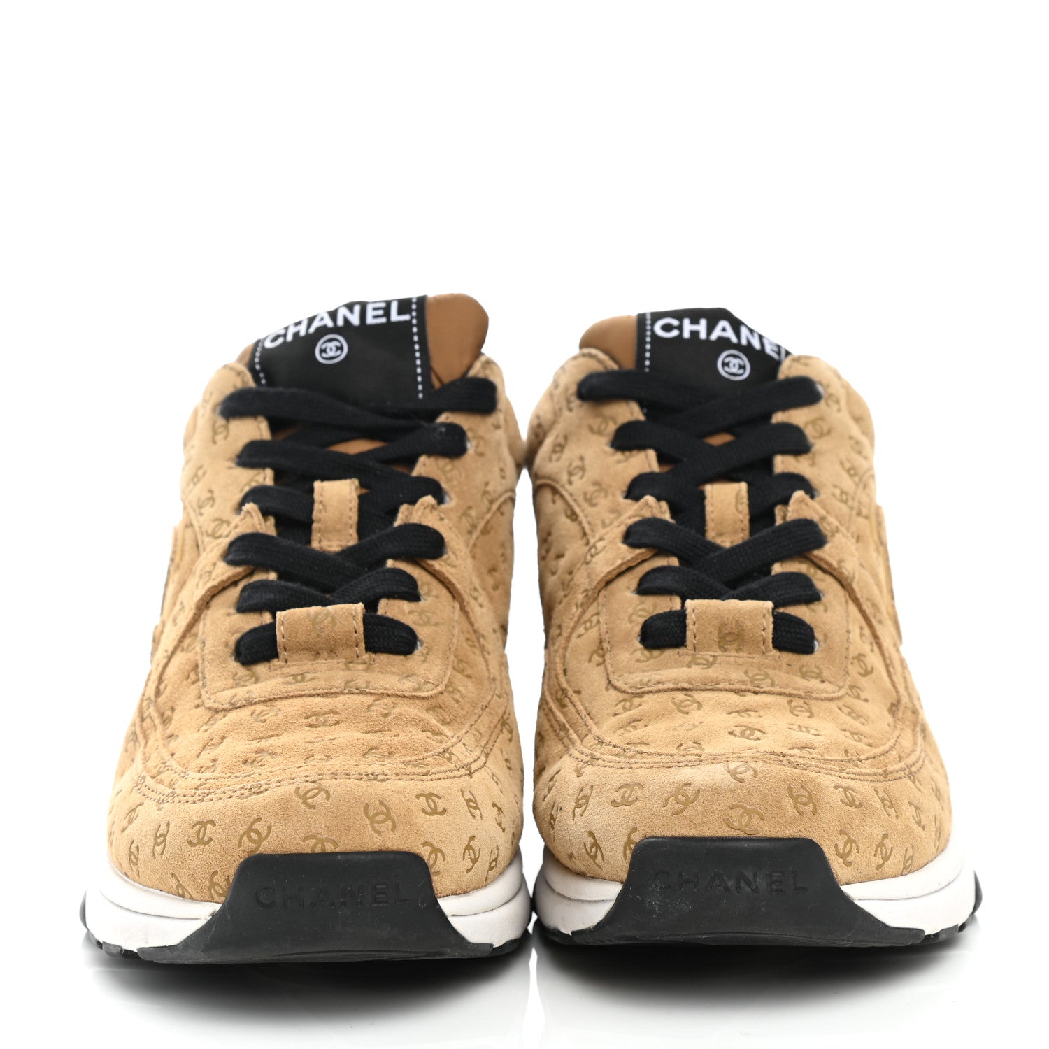 Chanel Nylon Suede Calfskin Printed CC Sneakers 37.5 Beige 2 of 9