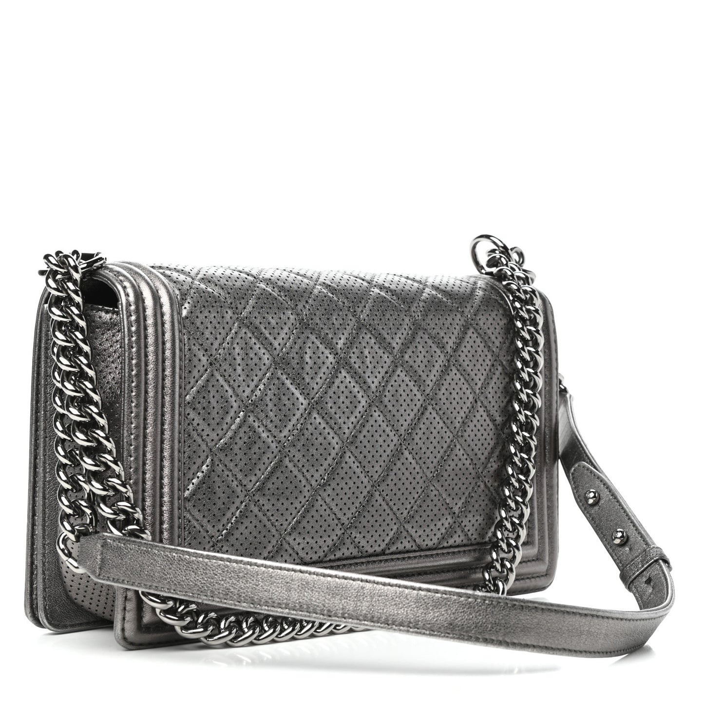 Metallic Lambskin Perforated New Medium Boy Flap Dark Silver