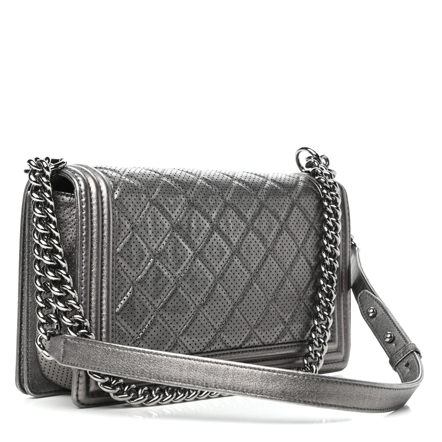 Chanel Metallic Lambskin Perforated New Medium Boy Flap Dark Silver 3 of 9