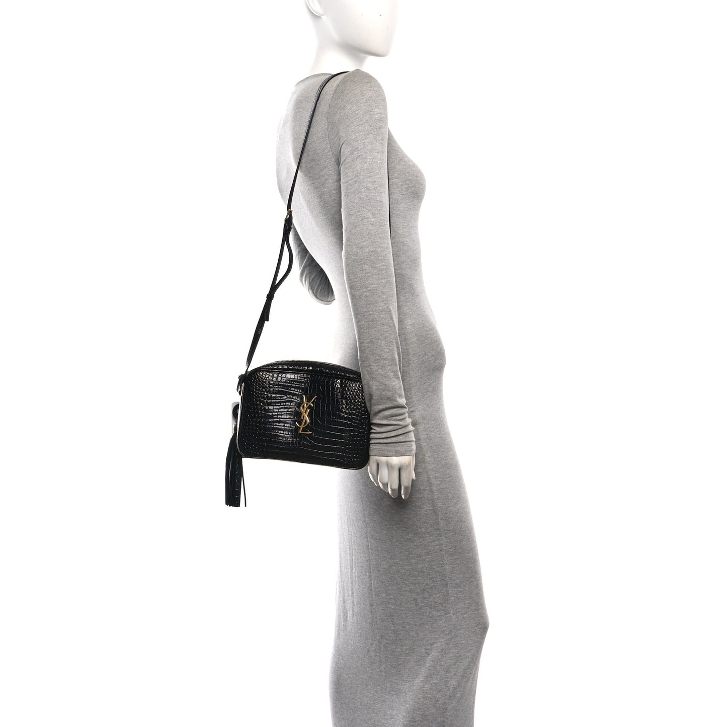 Patent Calfskin Crocodile Embossed Monogram Lou Camera Bag Black