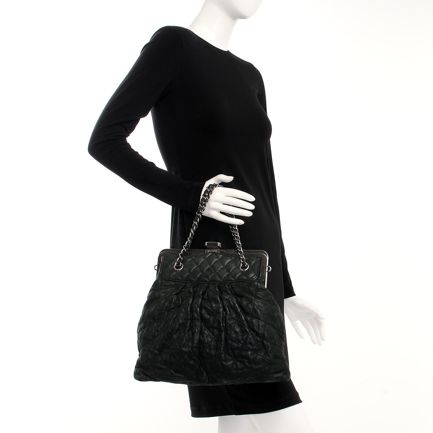 Iridescent Calfskin Chic Quilt Frame Tote Black
