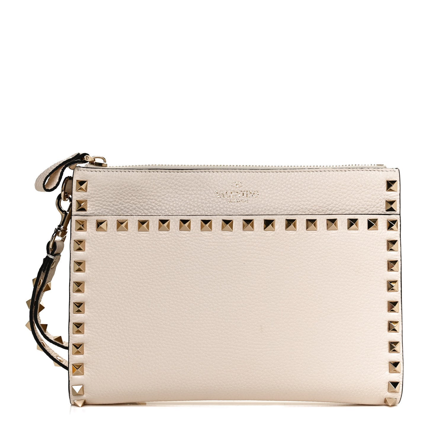 Pebbled Calfskin Rockstud Wristlet Clutch White