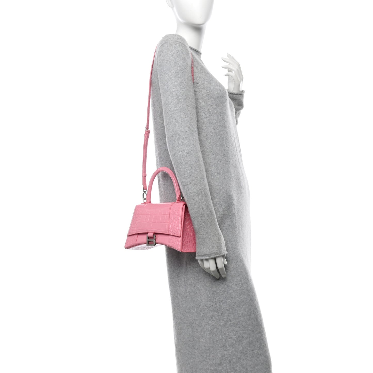 Shiny Calfskin Crocodile Embossed Small Hourglass Top Handle Bag Candy Pink