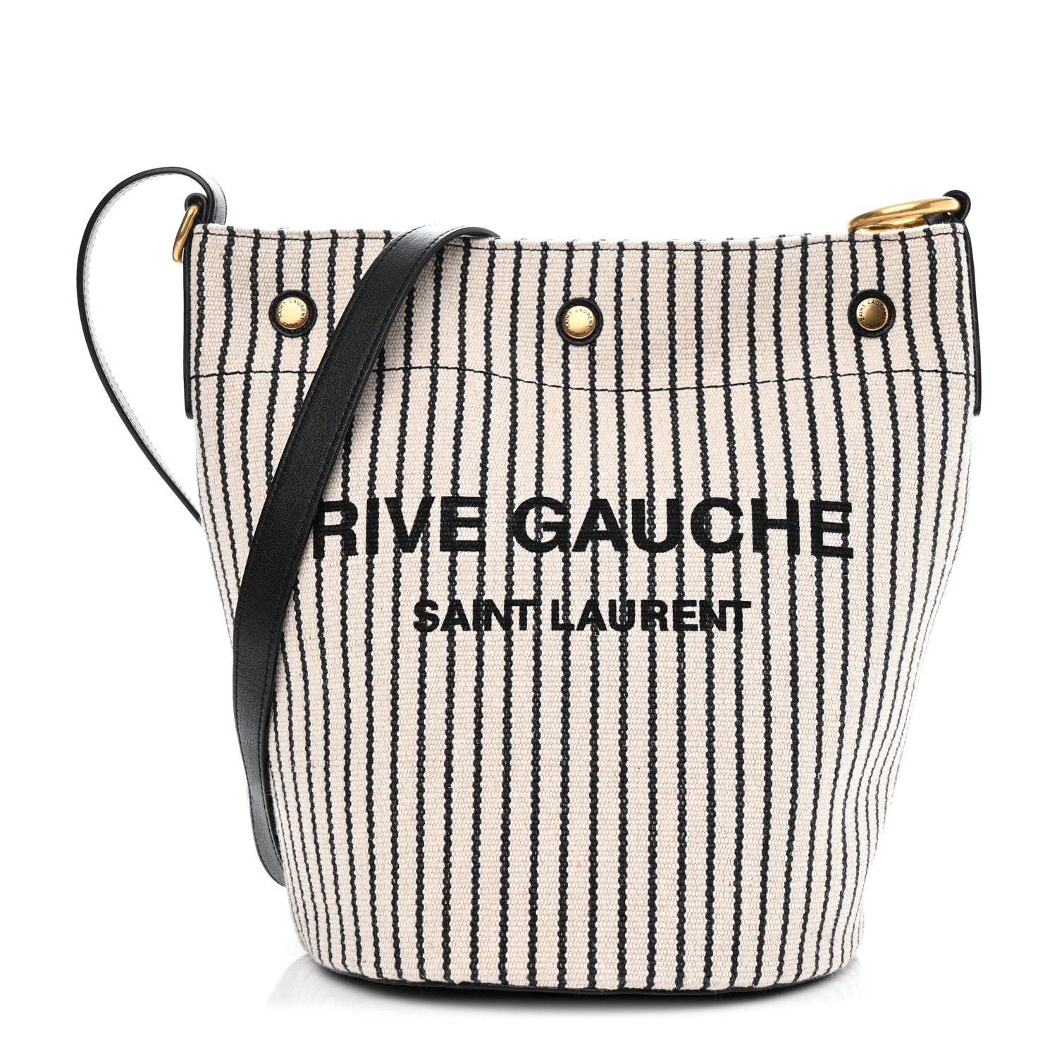 Saint Laurent Linen Calfskin Striped Rive Gauche Bucket Bag Grey Cream Black 2 of 10