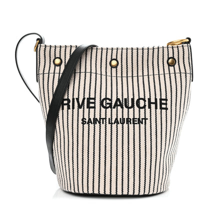 Saint Laurent Linen Calfskin Striped Rive Gauche Bucket Bag Grey Cream Black 2 of 10