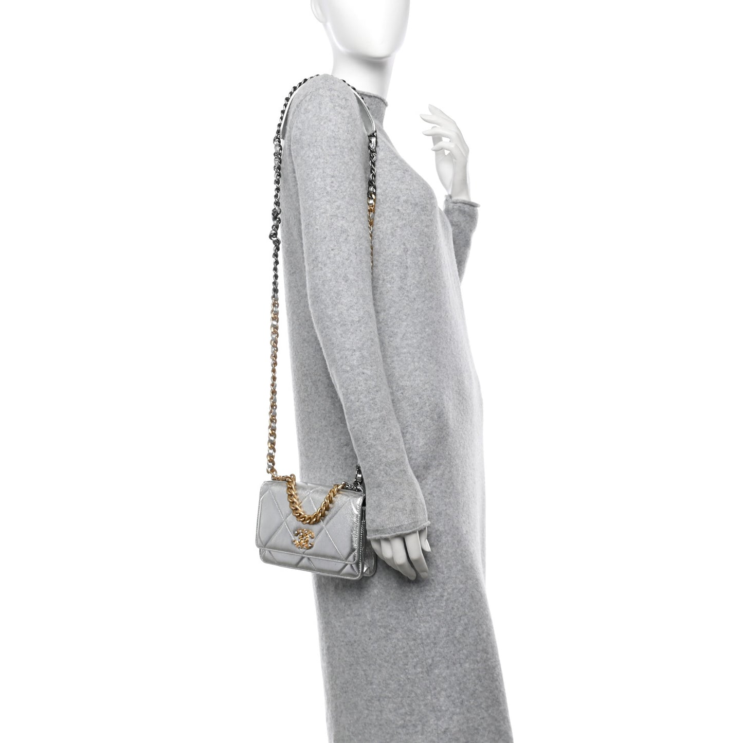 Metallic Lambskin Quilted Chanel 19 Wallet On Chain WOC Silver