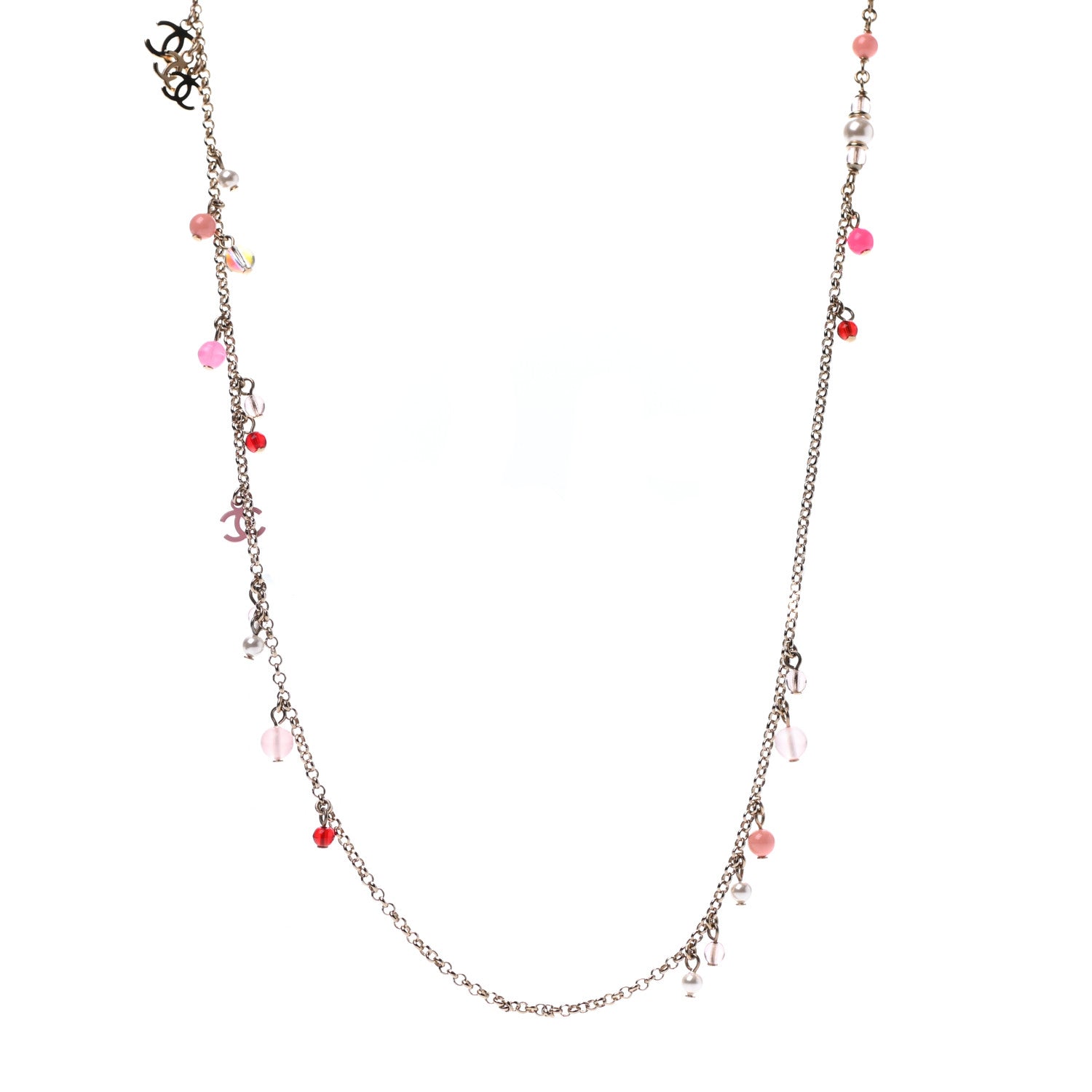 Chanel Resin Bead Pearl CC Long Necklace Gold Red Pink 1 of 4