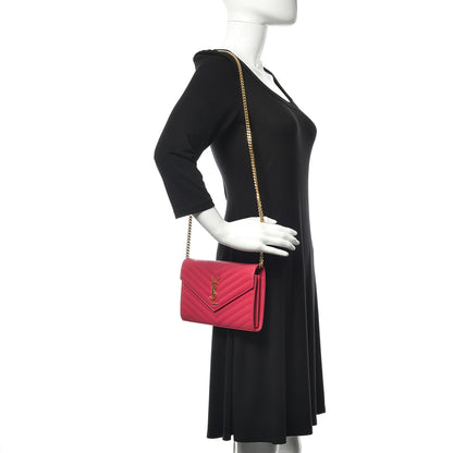 Saint Laurent Grain De Poudre Matelasse Chevron Monogram Chain Wallet Rose Clair 2 of 9