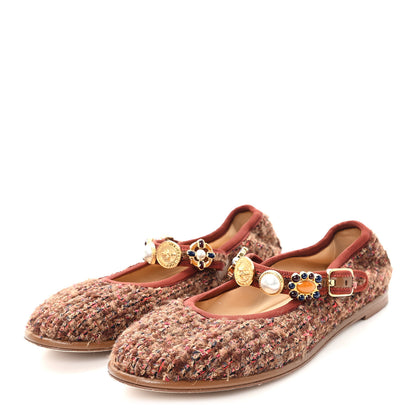 Chanel Wool Tweed Mary Jane Flats 37.5 Brown Red Dark Blue 3 of 9