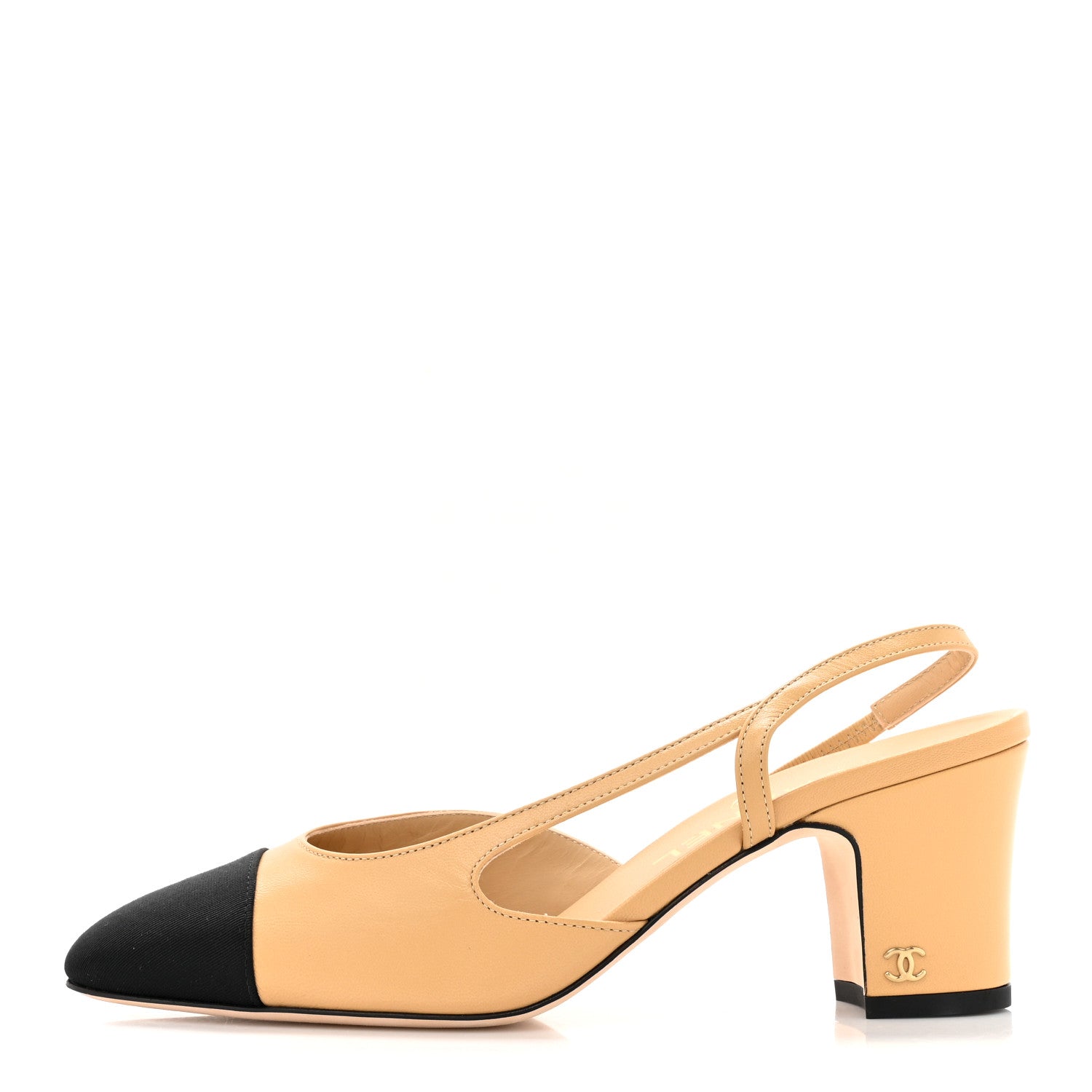 Chanel Goatskin Grosgrain Cap Toe CC Slingback Pumps 37.5 Beige Black 1 of 9