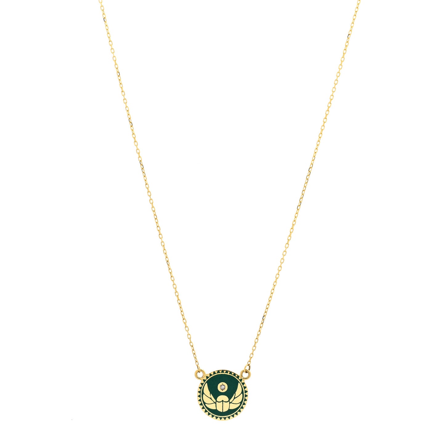18K Yellow Gold Diamond Enamel Petite Champleve Protection Stationary Necklace Green