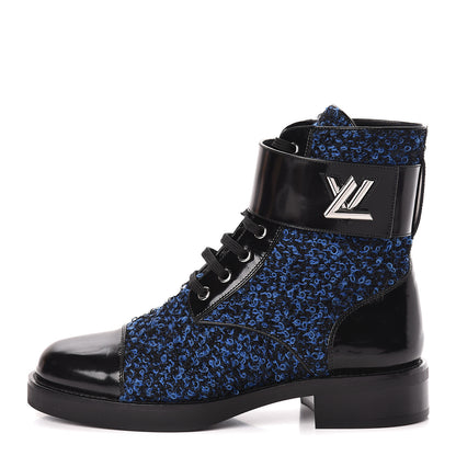 Louis Vuitton Tweed Calfskin Wonderland Ranger Boots 39 Blue Black 1 of 14