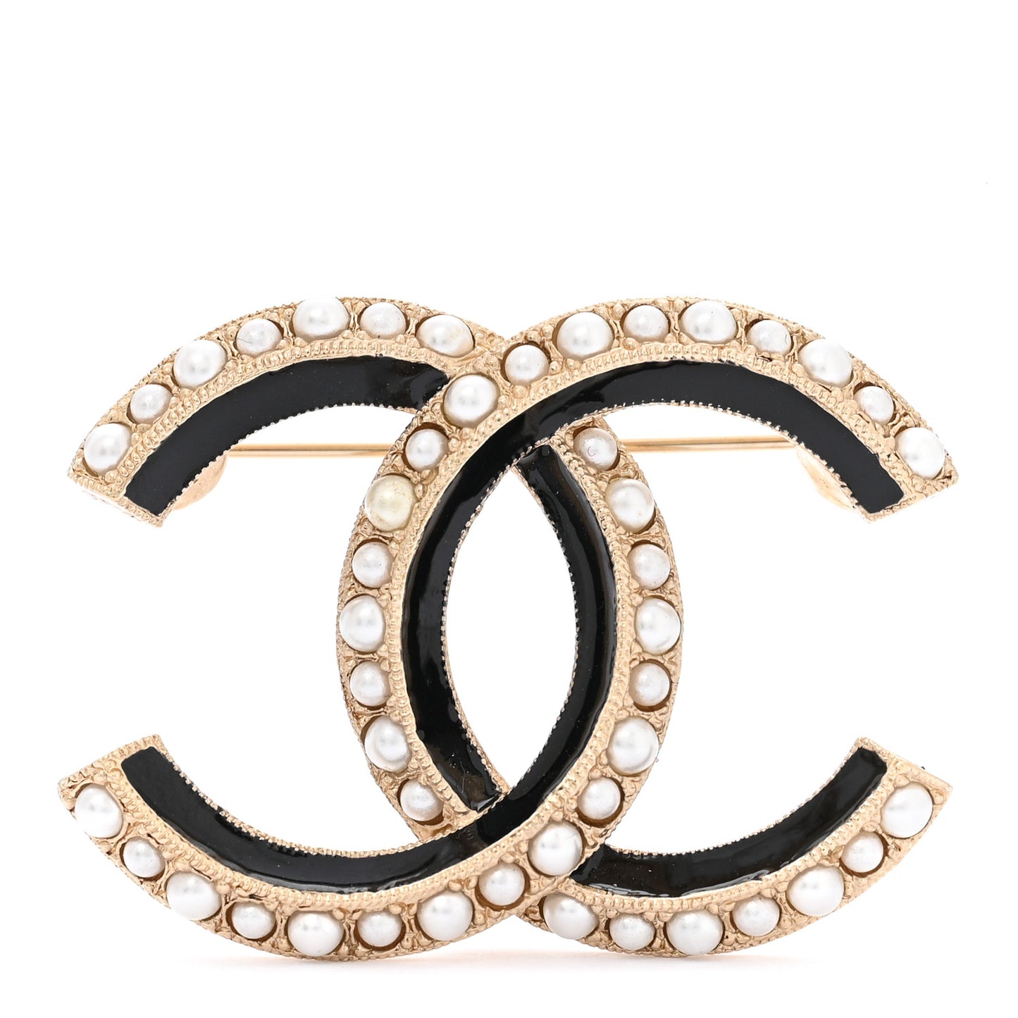 Pearl Enamel CC Brooch   Black Gold