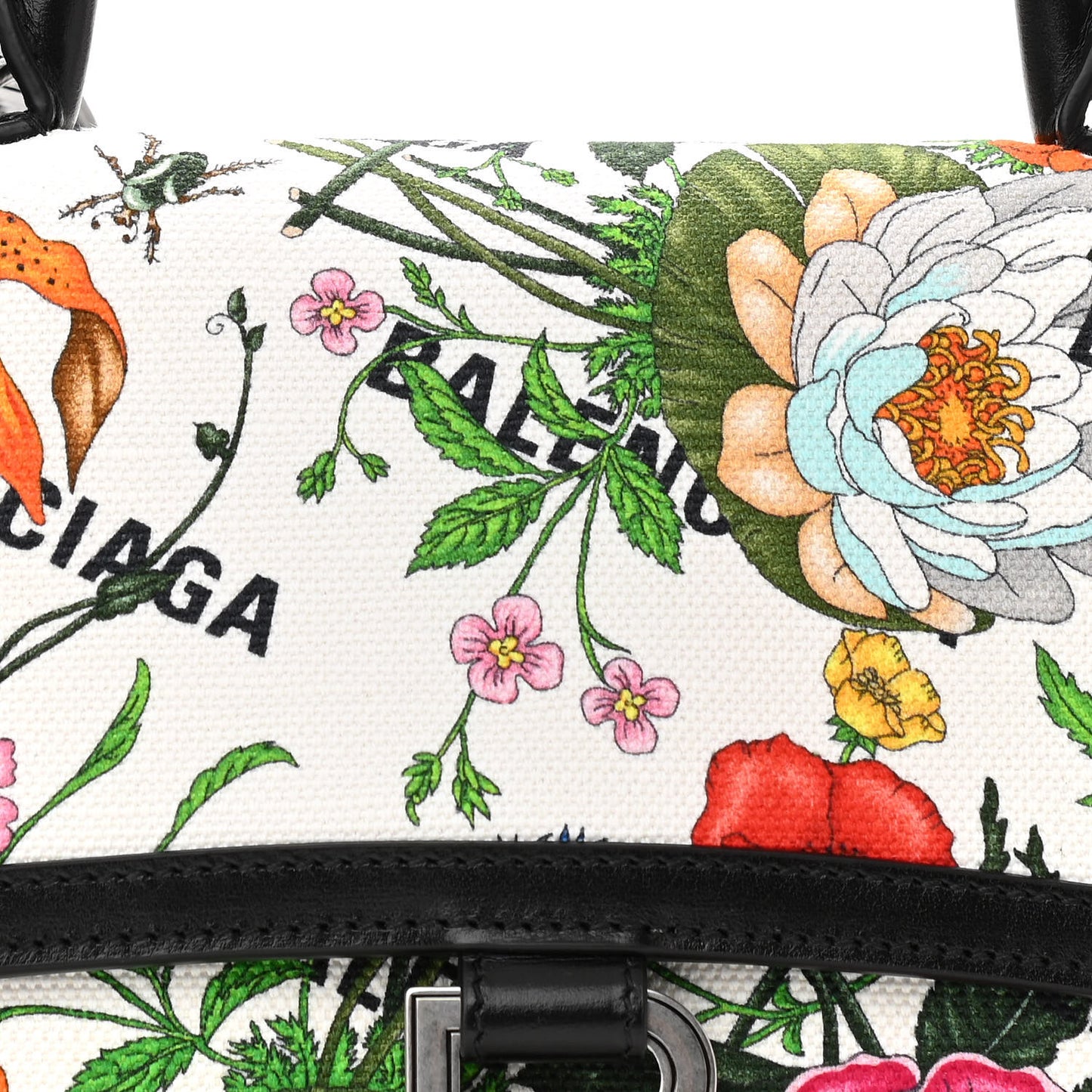 X GUCCI Canvas Boarded Plutone Calfskin Flora Logo Print Small Hourglass Top Handle Bag White Multicolor Black