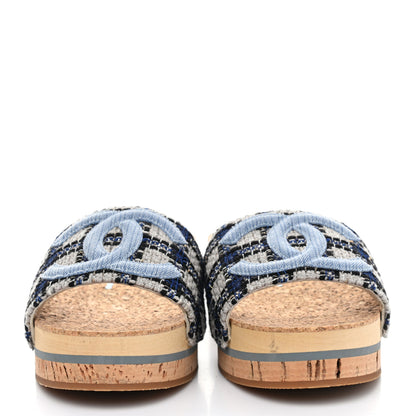 Chanel Tweed Mixed Fibers Cork CC Mule Sandal 36 Navy Blue White Blue 2 of 8