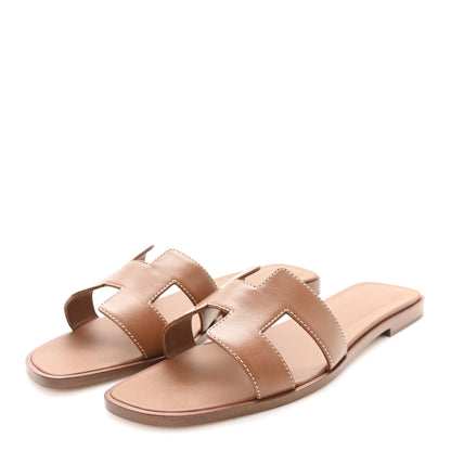 Hermes Box Calfskin Oran Sandals 37.5 Gold 4 of 10