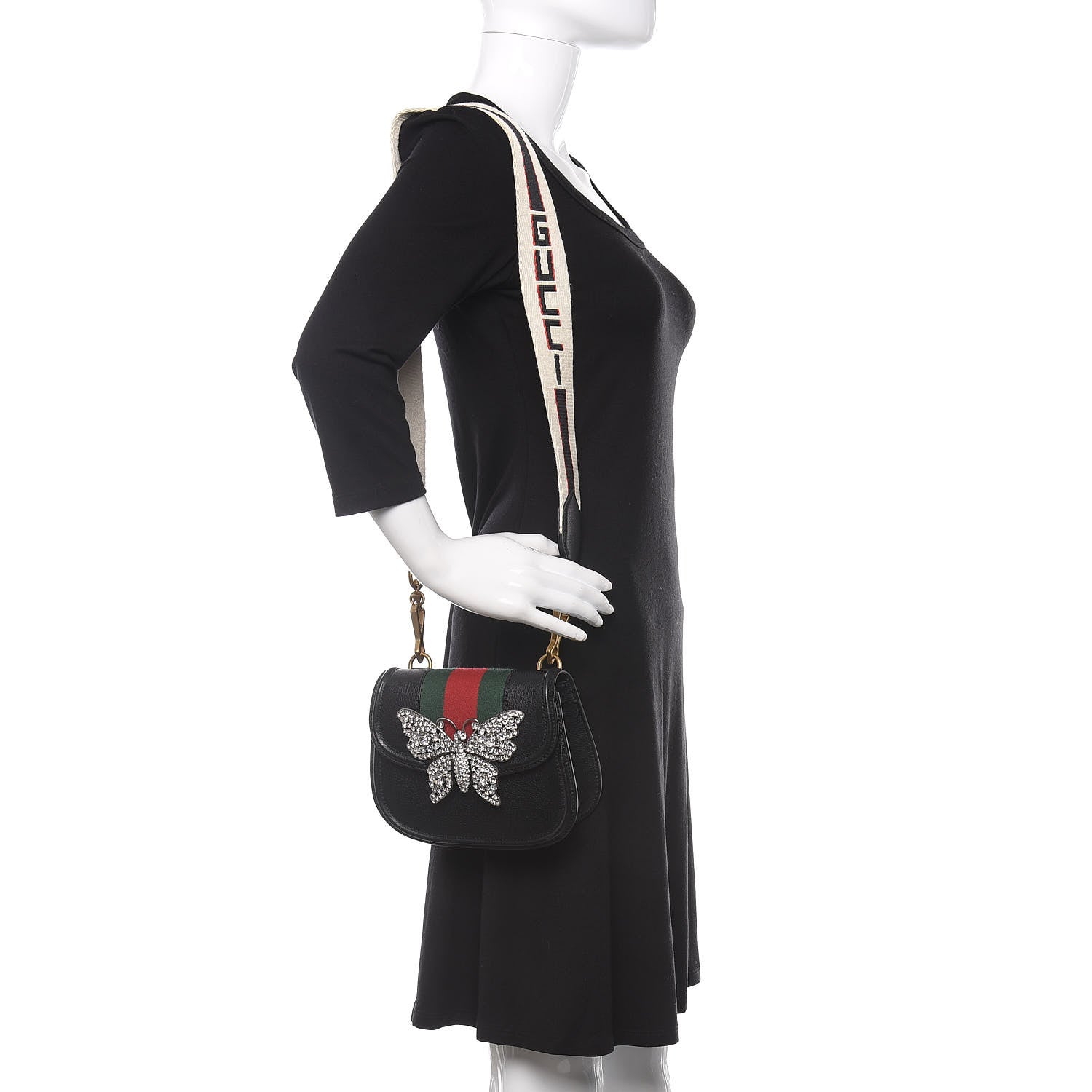Gucci Calfskin Web Crystal Butterfly Stripe Small Totem Shoulder Bag Black 2 of 10