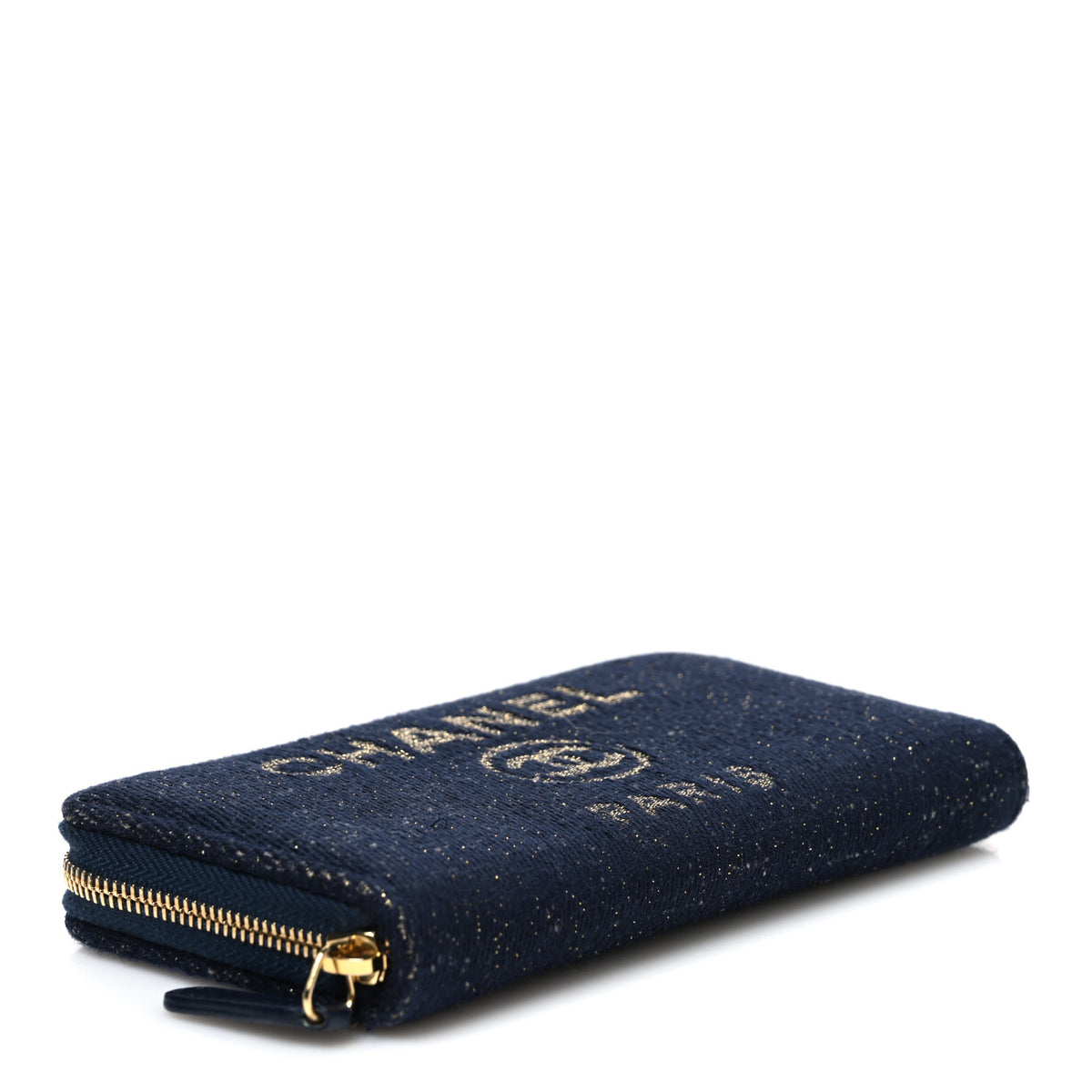 Chanel Lurex Canvas Medium Deauville Zip Around Wallet Navy Blue Gold 4 of 9