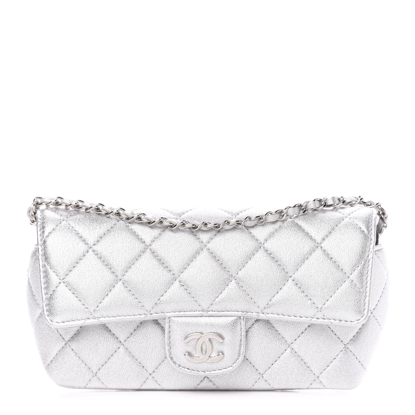 Metallic Lambskin Quilted Glasses Case With Chain Silver