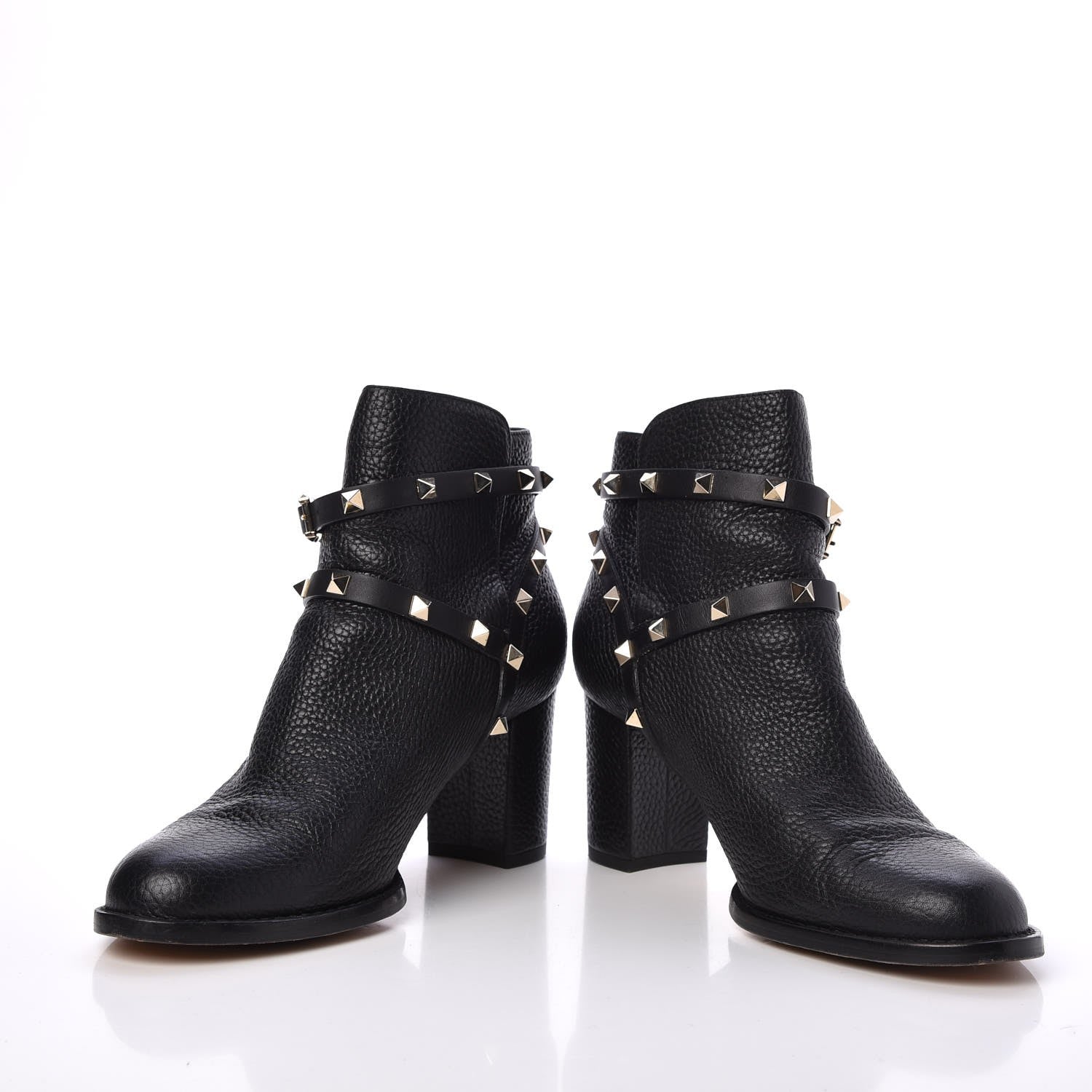 Valentino Garavani Pebbled Calfskin Rockstud Double Buckle 70mm Block Heel Ankle Boots 38.5 Black 5 of 11