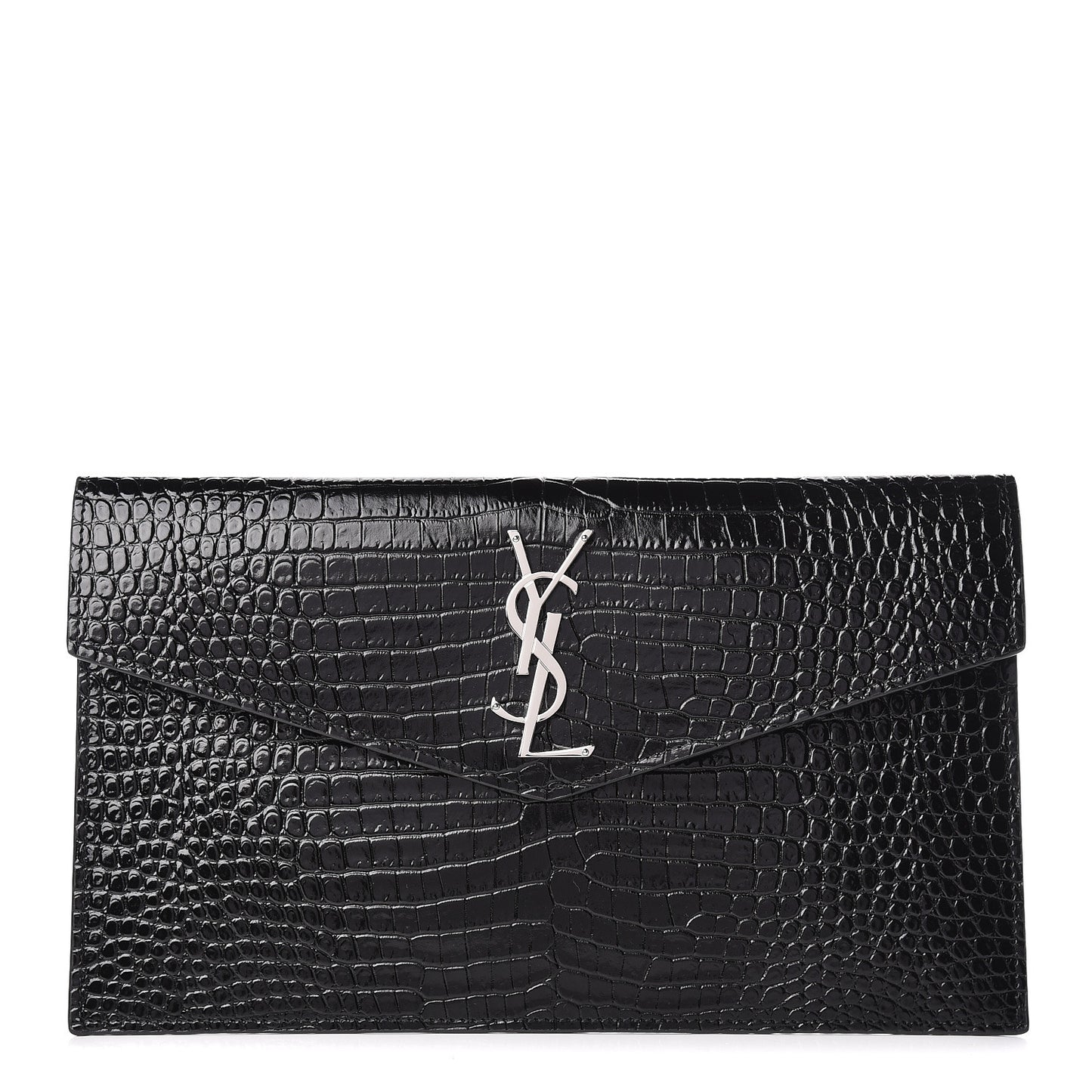 Calfskin Crocodile Embossed Uptown Monogram Clutch Black
