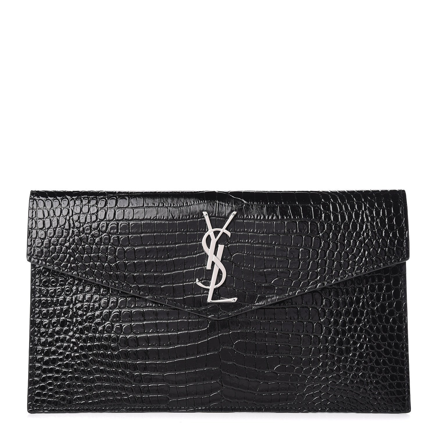 Saint Laurent Calfskin Crocodile Embossed Uptown Monogram Clutch Black 1 of 8
