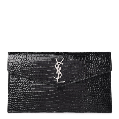 Saint Laurent Calfskin Crocodile Embossed Uptown Monogram Clutch Black 1 of 8