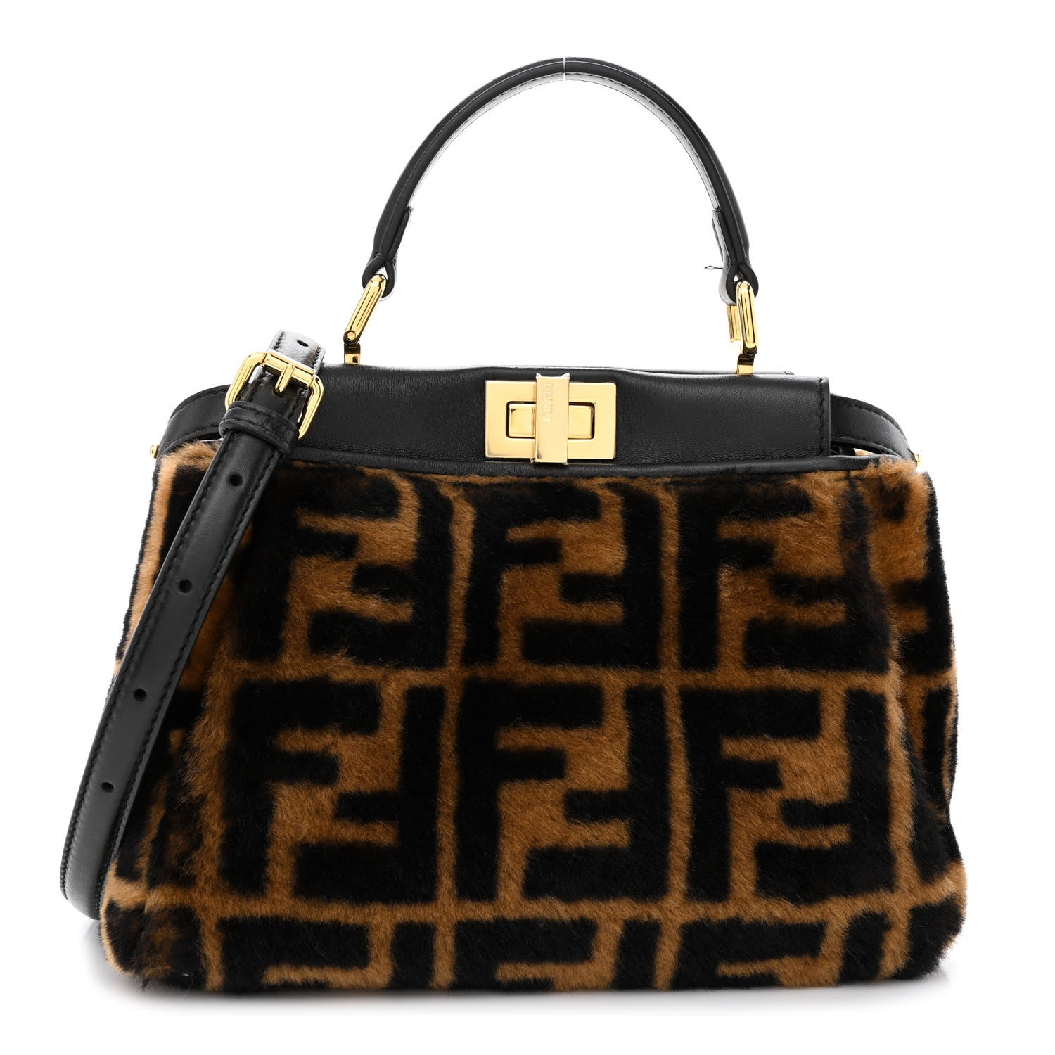 Fendi Shearling Nappa Macro FF 1974 Mini Peekaboo Iconic Satchel Tobacco Black 1 of 12