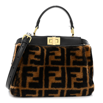Fendi Shearling Nappa Macro FF 1974 Mini Peekaboo Iconic Satchel Tobacco Black 1 of 12