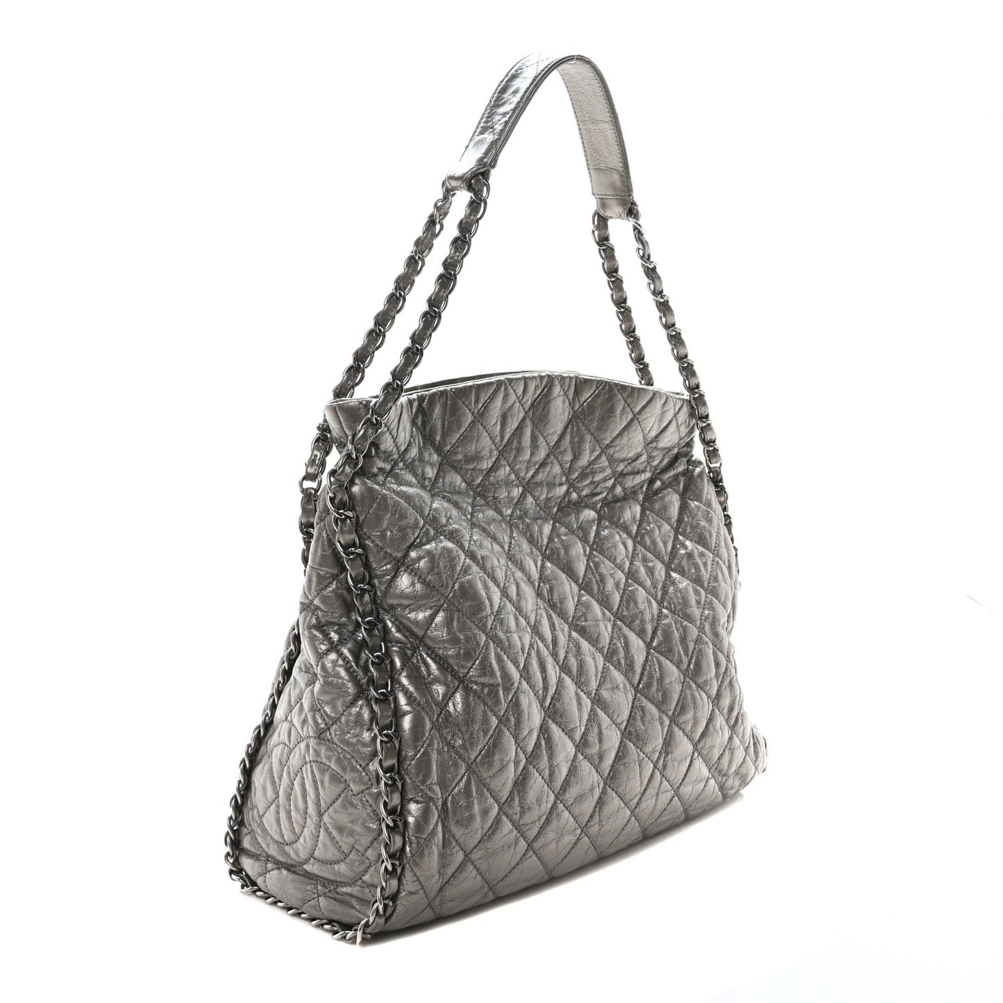 Metallic Calfskin Quilted Large Chain Me Hobo Silver