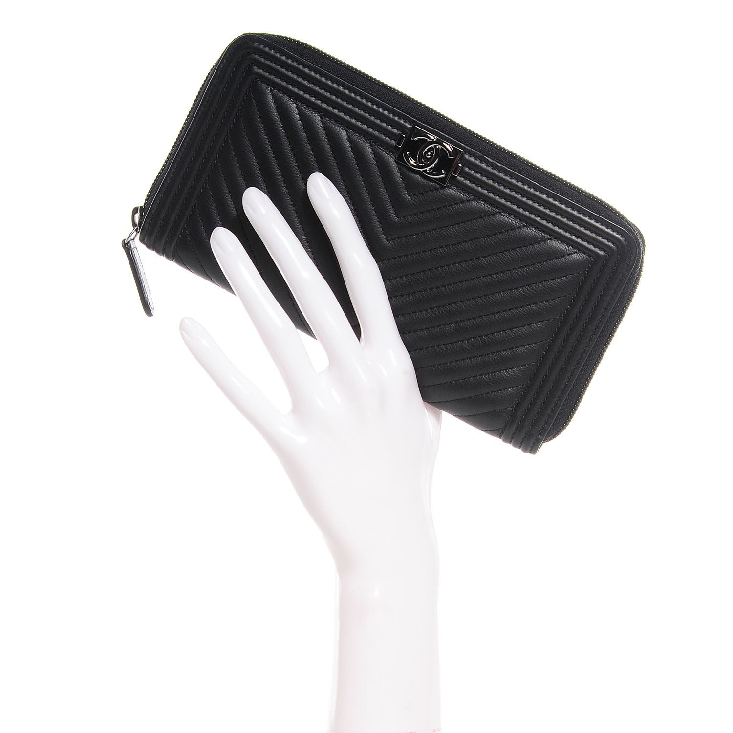 Chanel Calfskin Chevron Zip Around Boy Wallet Black 2 of 8