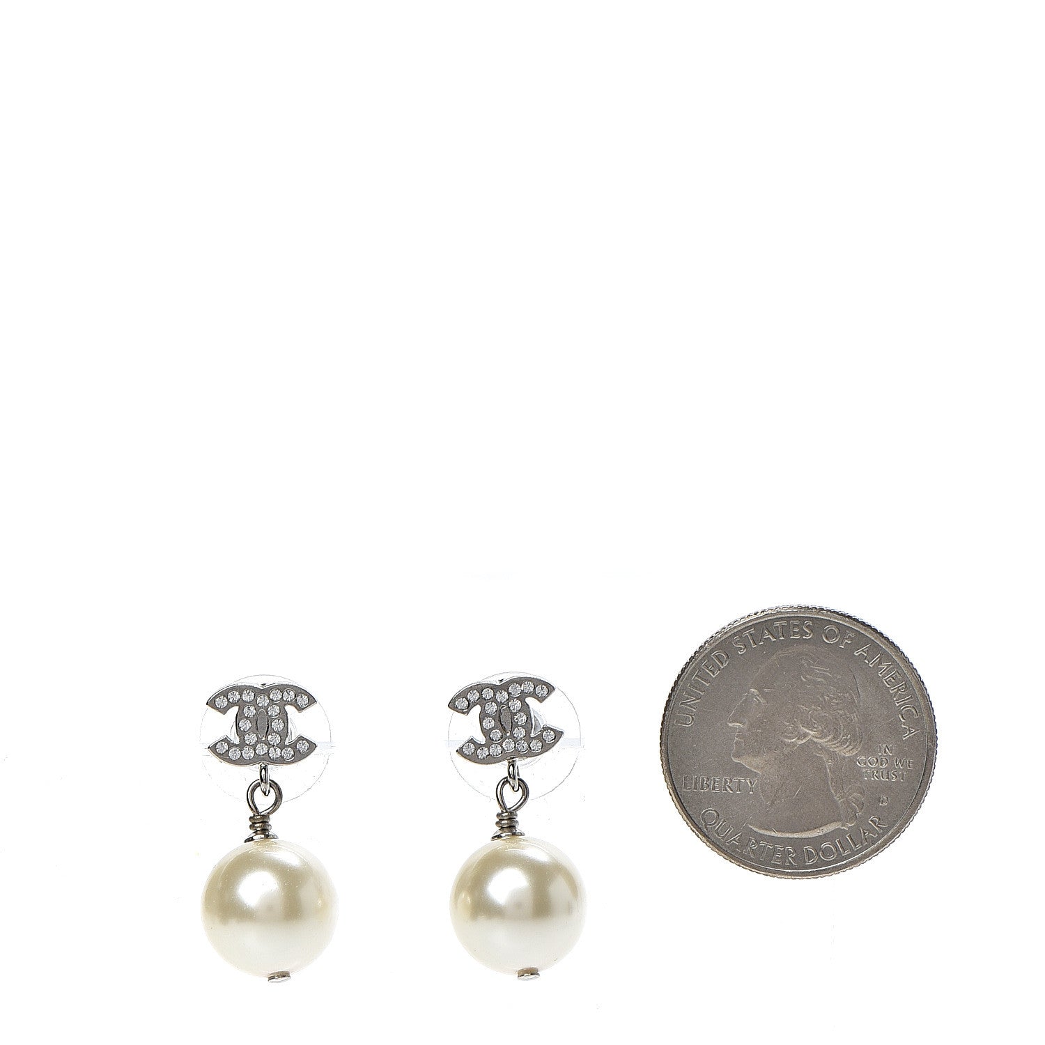 Chanel Crystal Pearl CC Drop Earrings Silver Pearly White 2 of 5