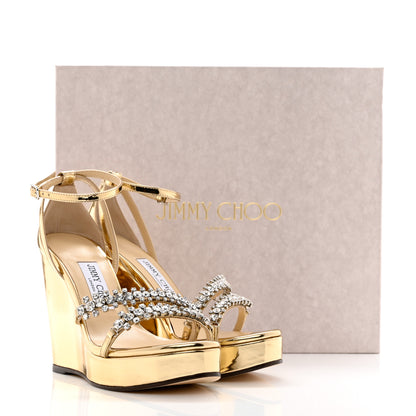 Jimmy Choo Metallic Calfskin Crystal Embellished Bing 120 Wedge 37.5 Gold 10 of 10