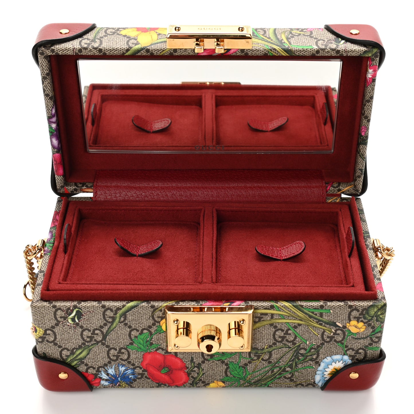 GG Supreme Monogram Flora Padlock Jewelry Case Red