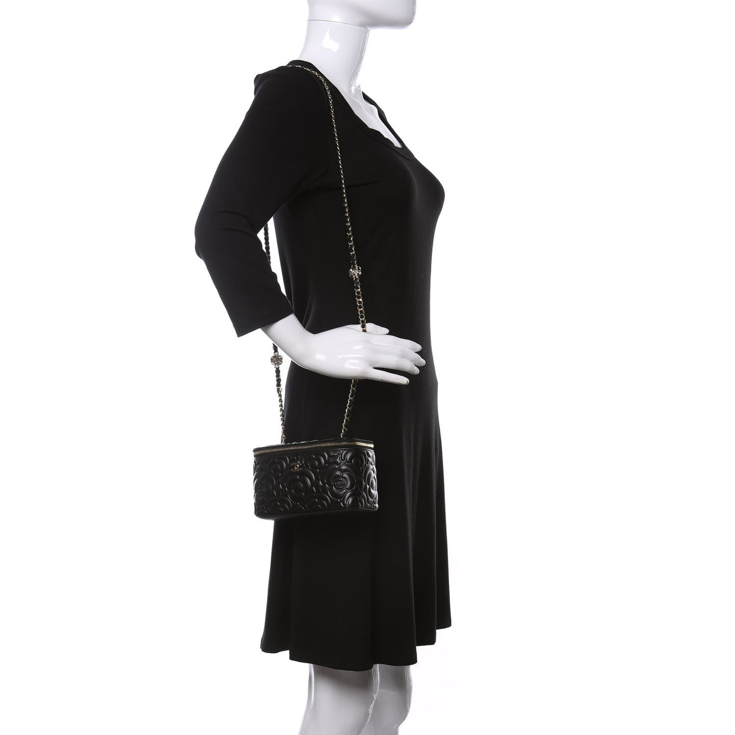 Lambskin Camellia Embossed Small Vanity Case With Chain Black