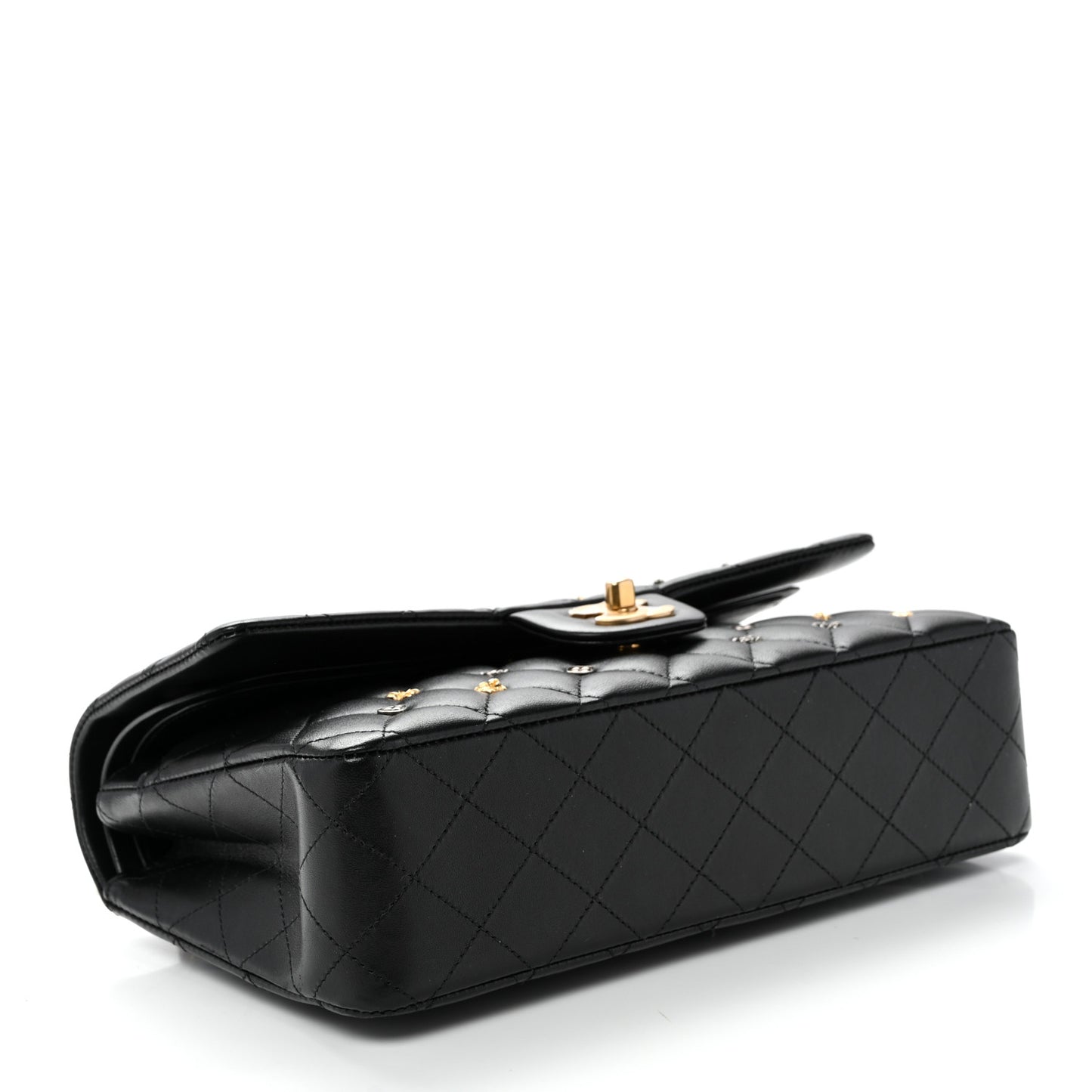 Lambskin Quilted Studded Medium Double Flap Black