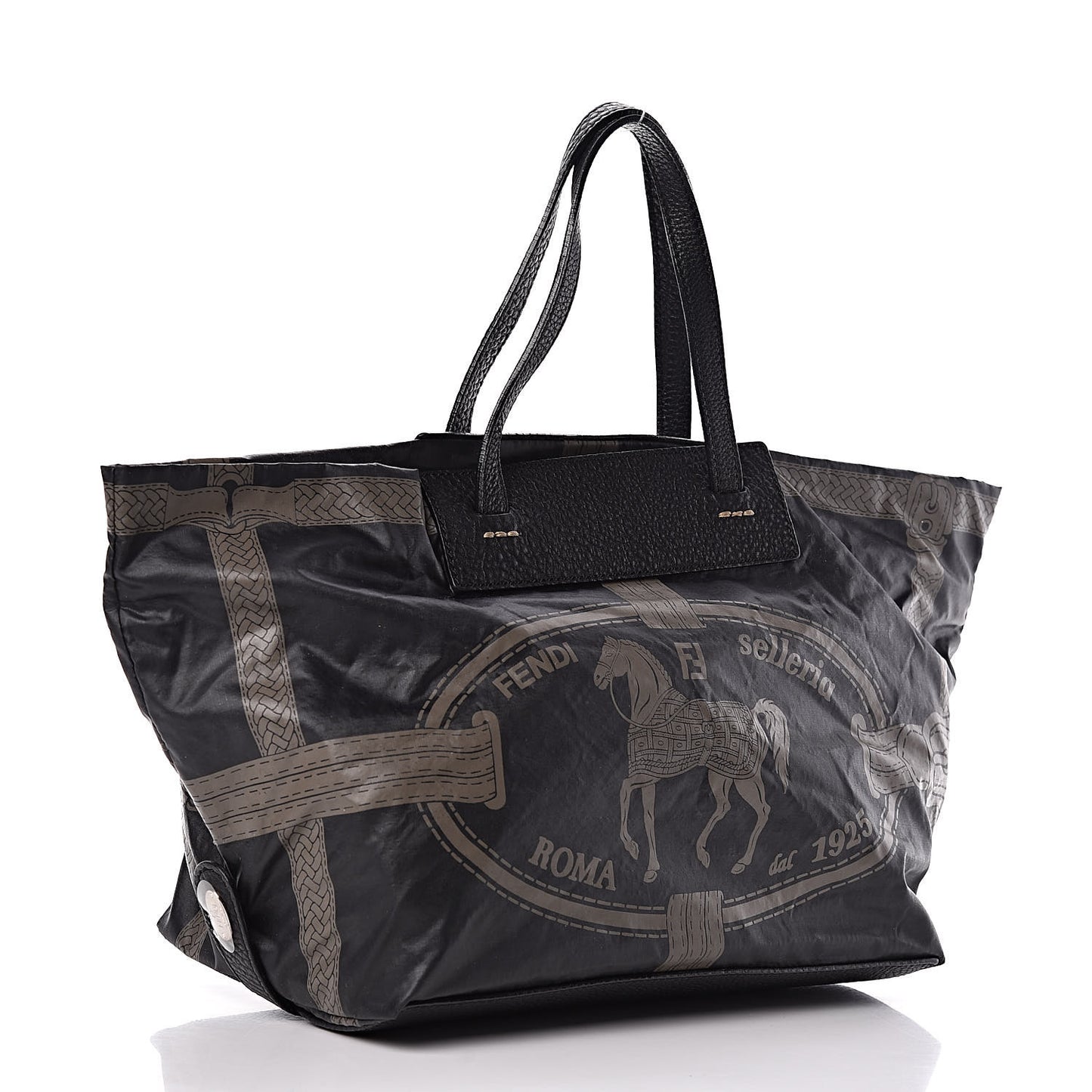 Nylon Calfskin Romano Selleria Villa Borghese Tote Black