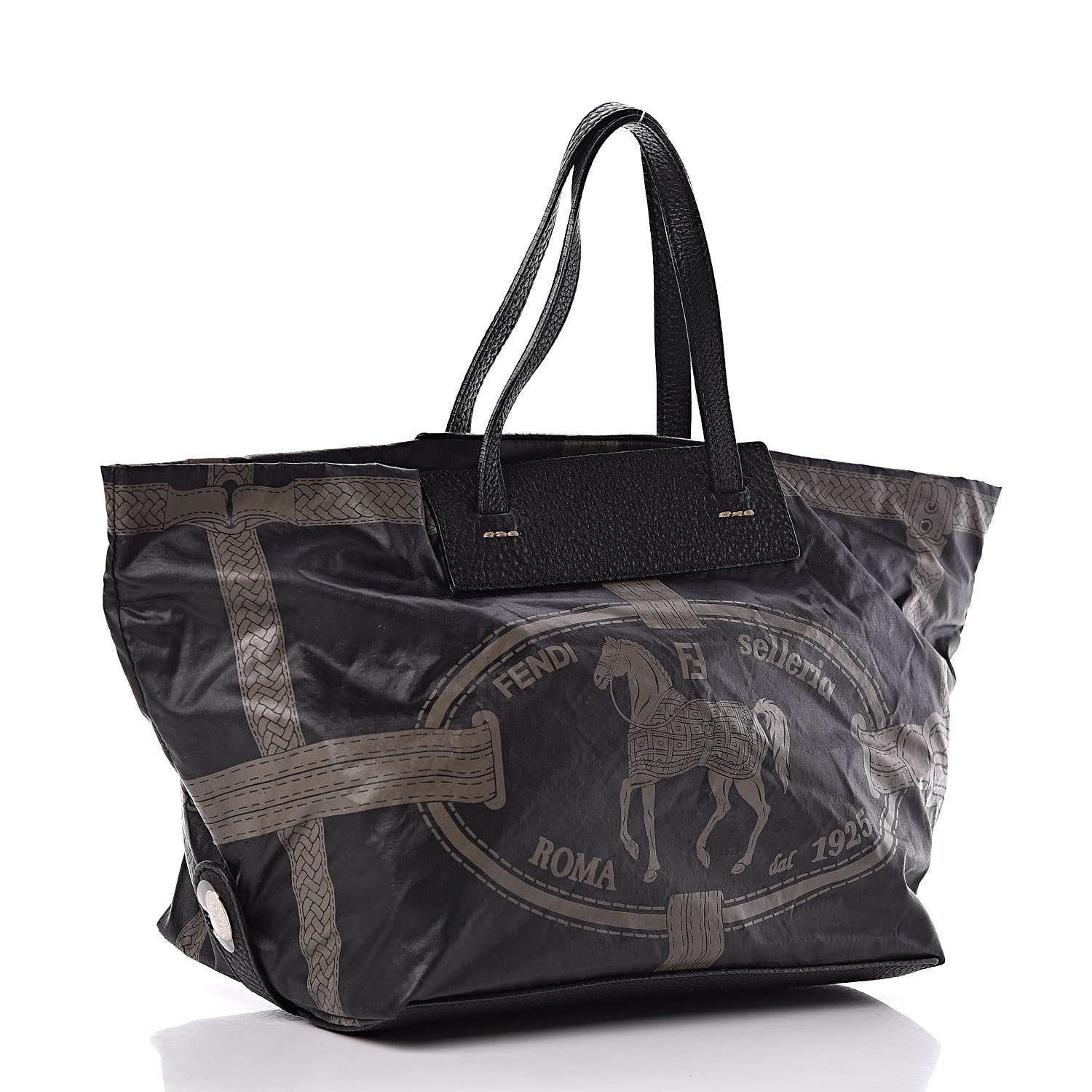 Fendi Nylon Calfskin Romano Selleria Villa Borghese Tote Black 3 of 9