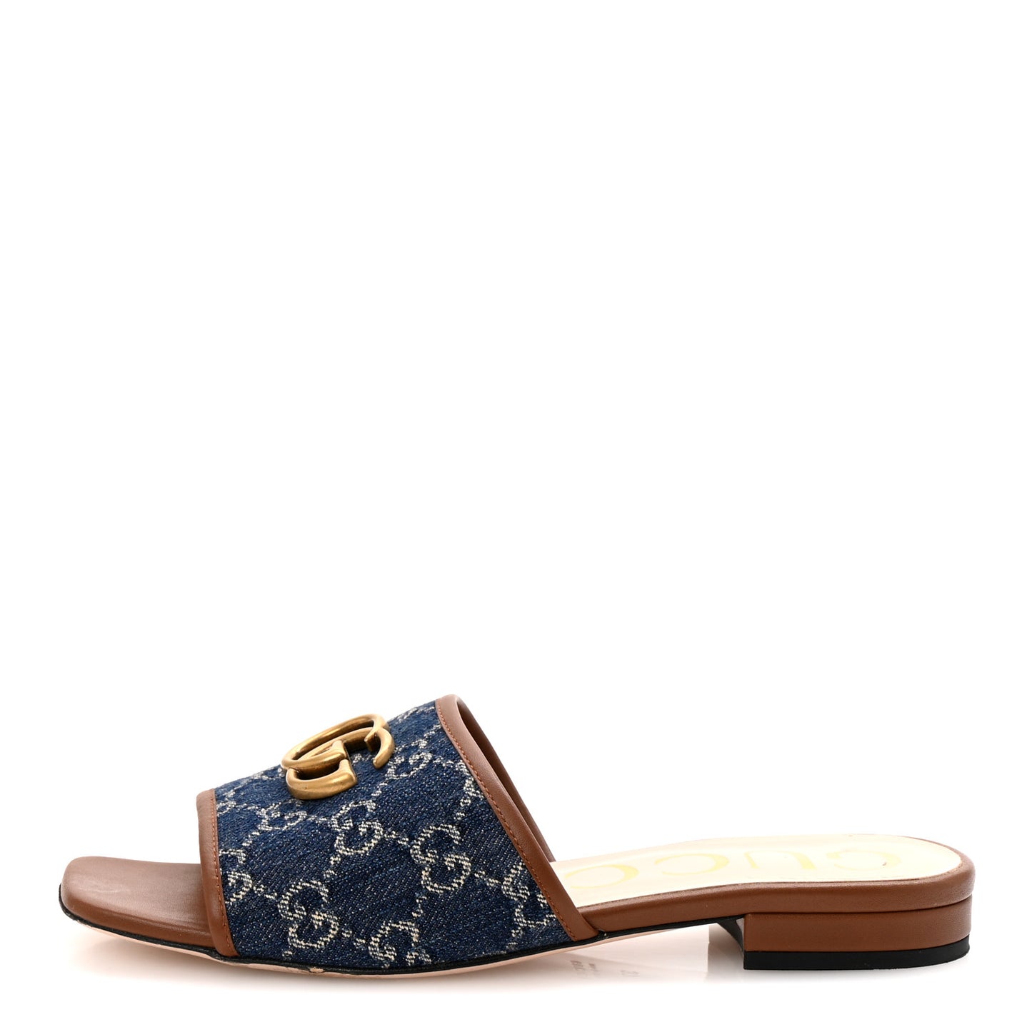 New Denim GG Monogram Miro Soft Calfskin Jolie Slide Sandals 37 Blue Tea Cuir Epilog
