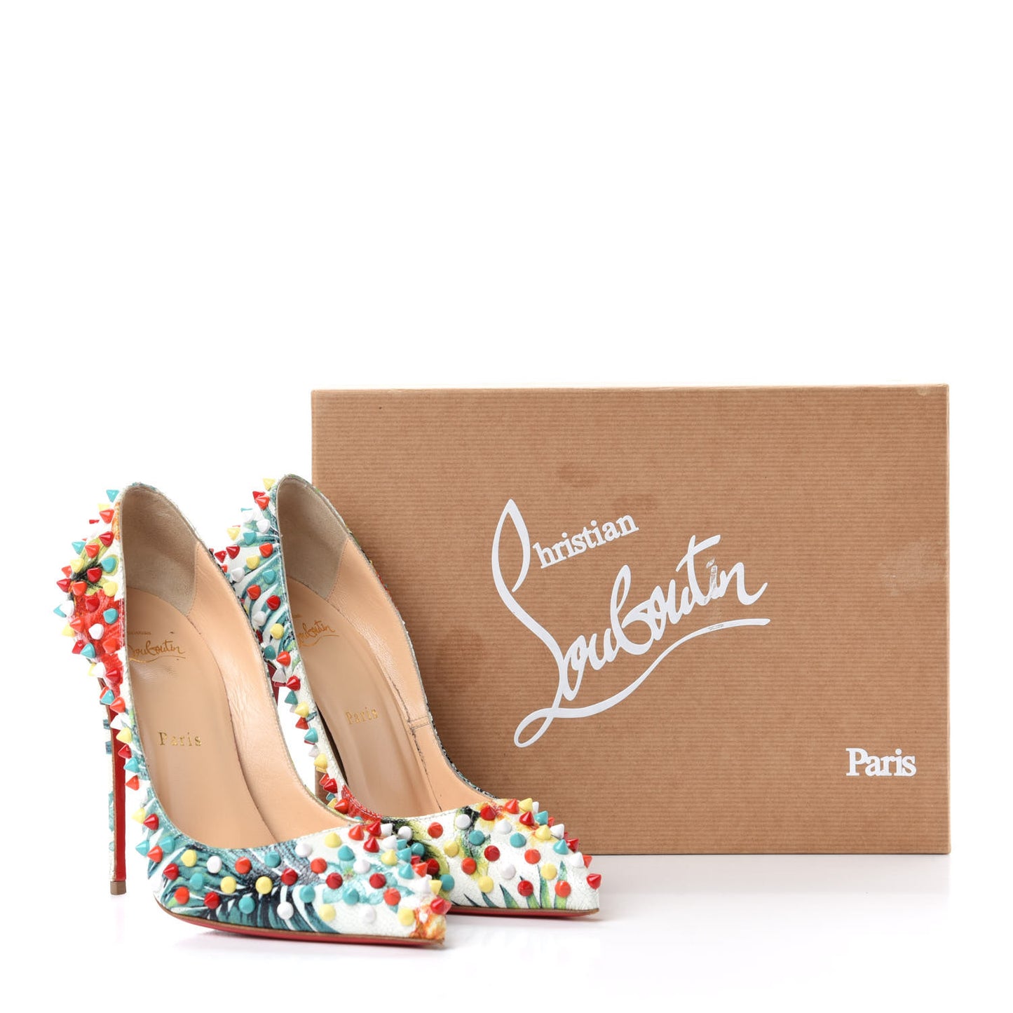 Crackled Calfskin Hawaiian Print Follies Spikes 120 Pumps 38.5 White Multi