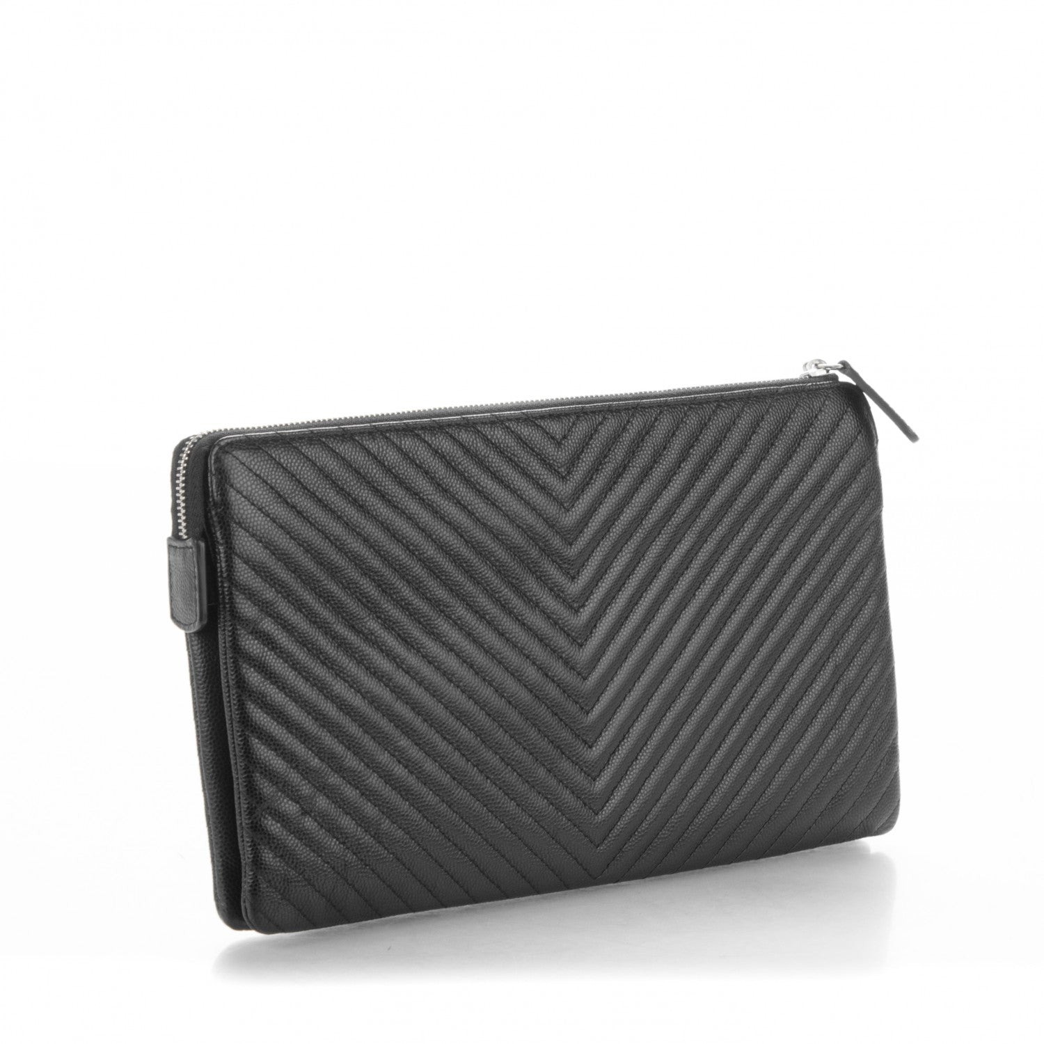 Chanel Caviar Chevron Quilted Large Zipped Clutch Black 3 of 8