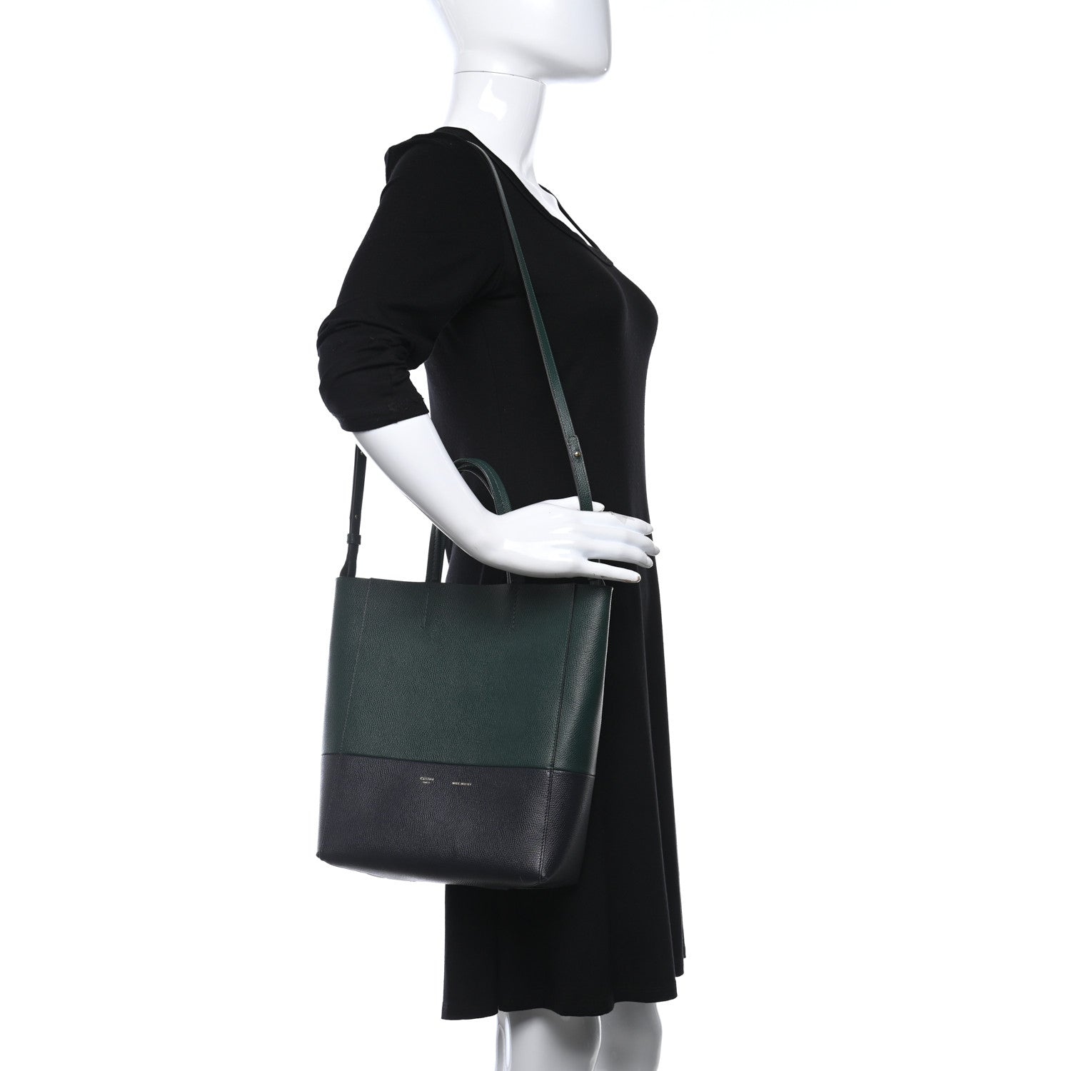 Celine Grained Calfskin Small Vertical Bi-Cabas Dark Green Black 2 of 9